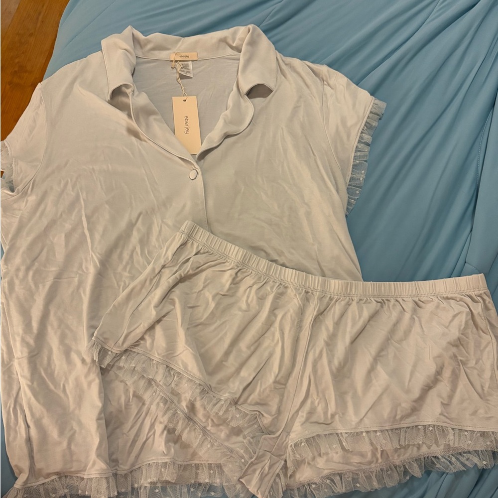 Eberjey Gray/Blue Pajama Set with Lace Trim